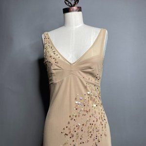 BCBG Champagne nude, cocktail dress, plunging neckline,